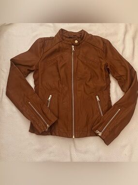 Guess Brown Faux Leather Moto Jacket S Floral Lining